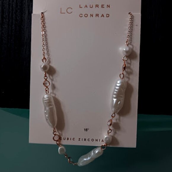 LC LAUREN CONRAD Romantic Rose Gold Pearl/Clear CZ Stones Chain Necklace**NEW! - Picture 2 of 3
